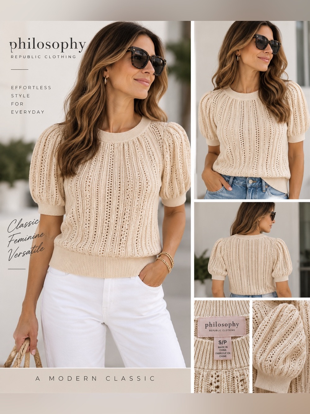 Philosophy Cream Open Knit Puff Sleeve Sweater Top S
